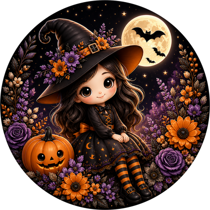 Girl Witch Moon Sunflower Round Wreath Sign