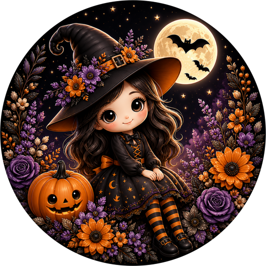Girl Witch Moon Sunflower Round Wreath Sign