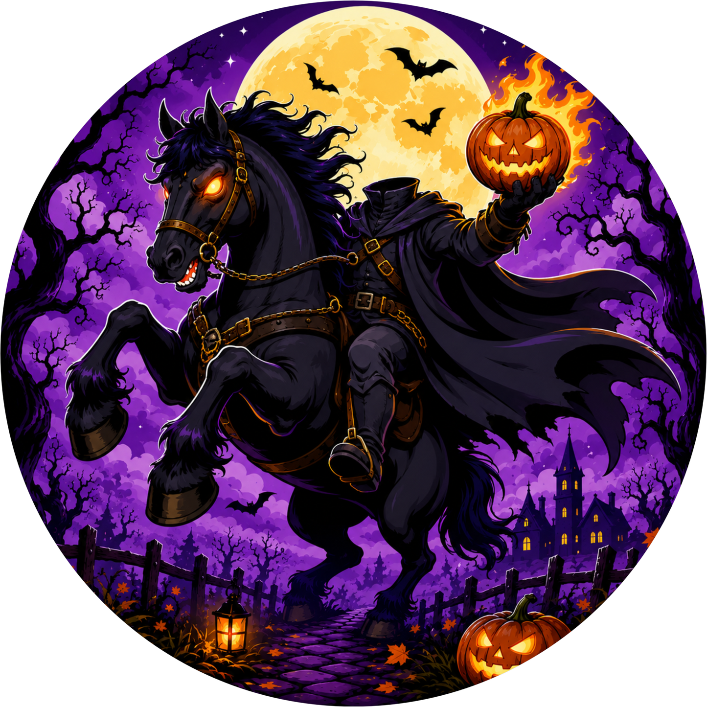 Headless Horseman Round Wreath Sign