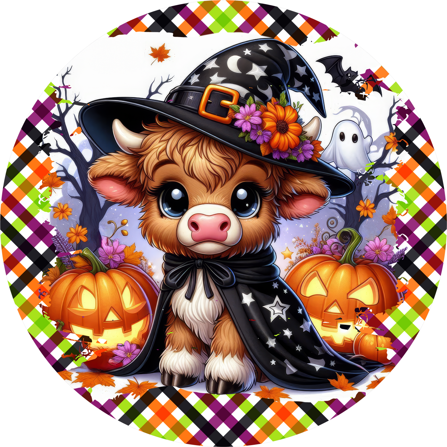 Highland Cow Witch Halloween Round Wreath Sign