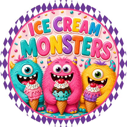 Ice Cream Monsters Colorful Round Wreath Sign