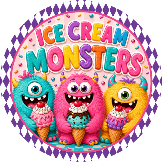 Ice Cream Monsters Colorful Round Wreath Sign