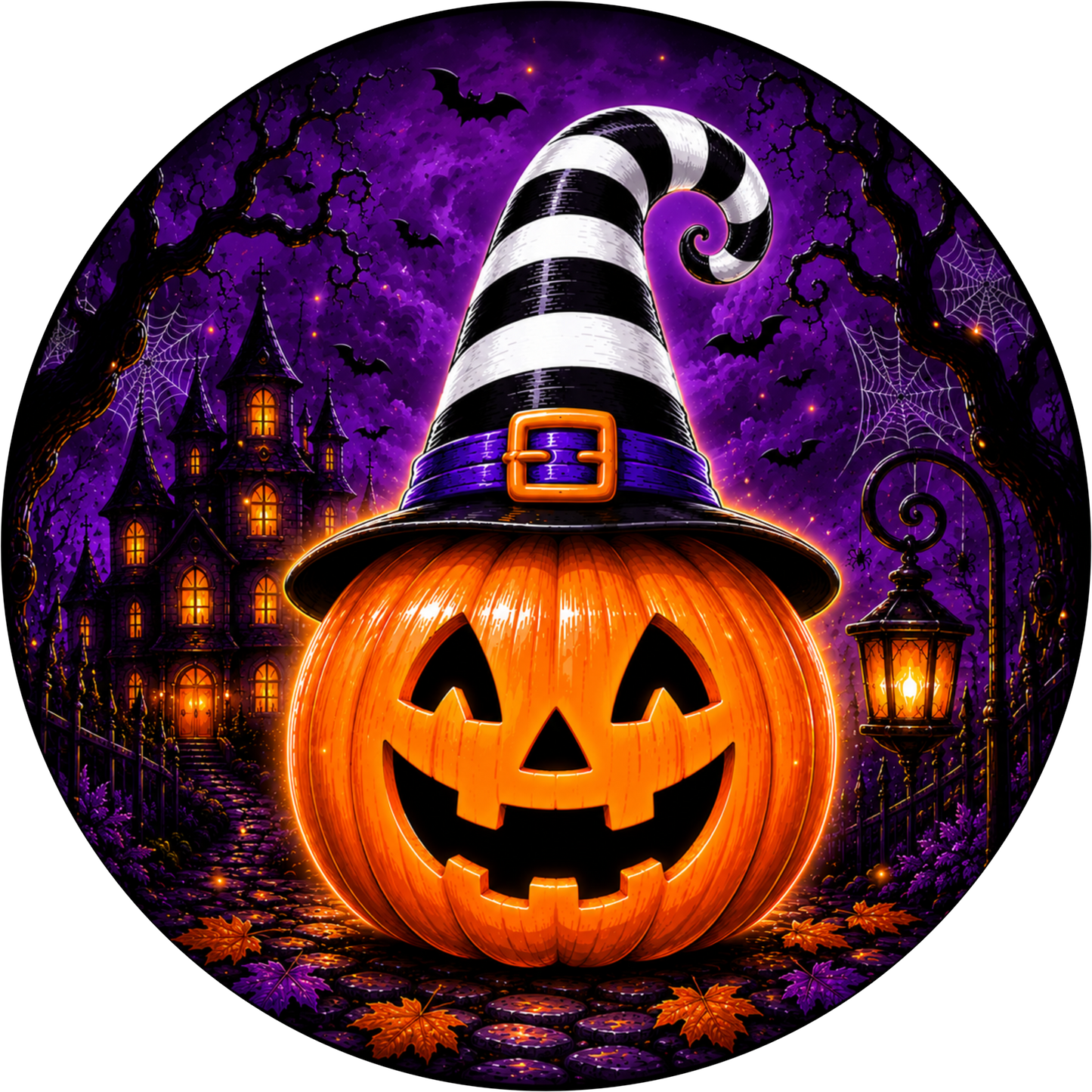 Jack O'Lantern Striped Hat Round Wreath Sign