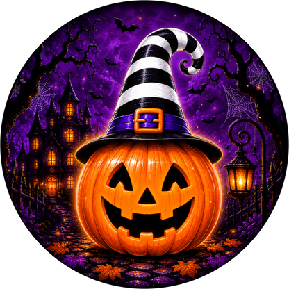 Jack O'Lantern Striped Hat Round Wreath Sign