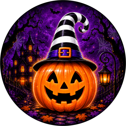 Jack O'Lantern Striped Hat Round Wreath Sign