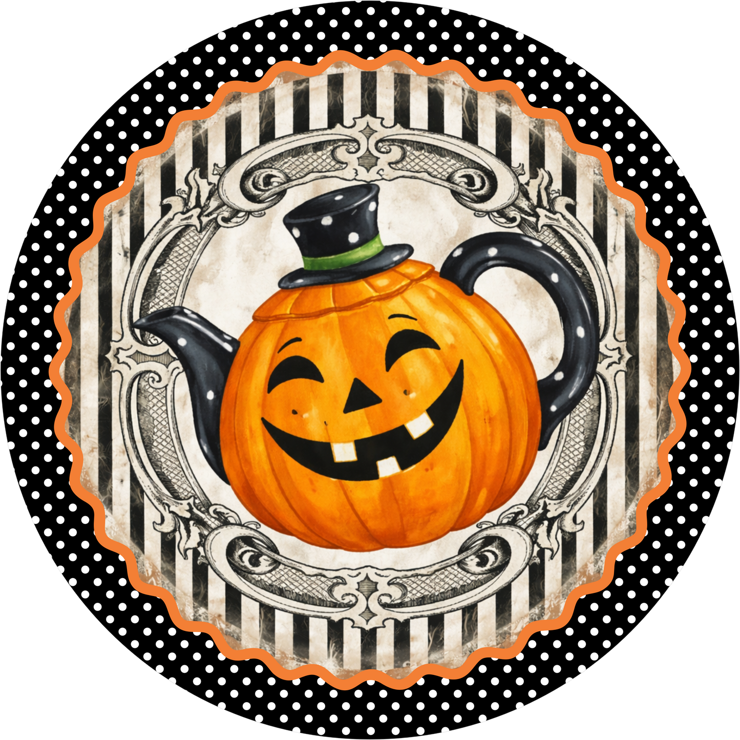 Jack O'Lantern Teapot Black Top Hat Black White Stripe Polka Dot Round Wreath Sign