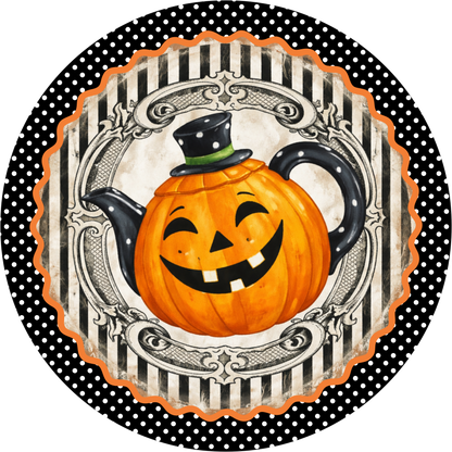 Jack O'Lantern Teapot Black Top Hat Black White Stripe Polka Dot Round Wreath Sign
