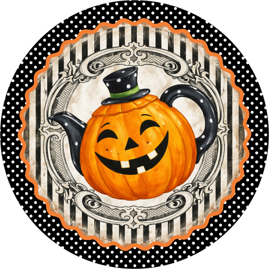 Jack O'Lantern Teapot Black Top Hat Black White Stripe Polka Dot Round Wreath Sign