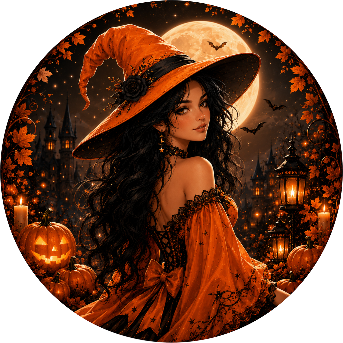 Orange Pretty Witch Round Wreath Sign