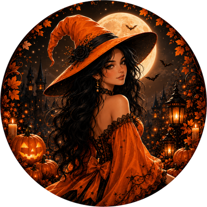 Orange Pretty Witch Round Wreath Sign