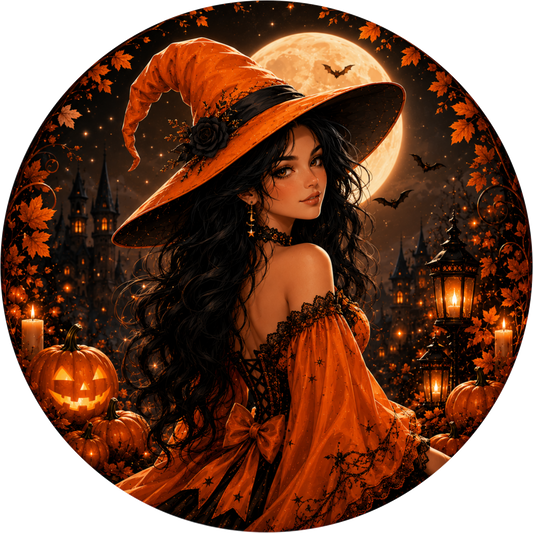 Orange Pretty Witch Round Wreath Sign