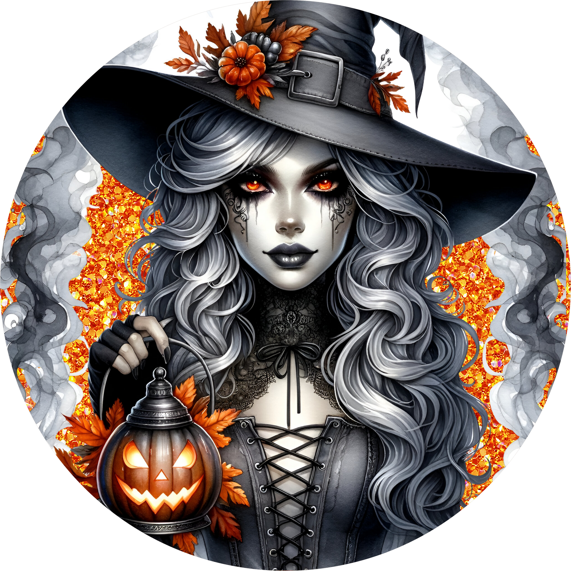Orange Witch Lantern Round Wreath Sign