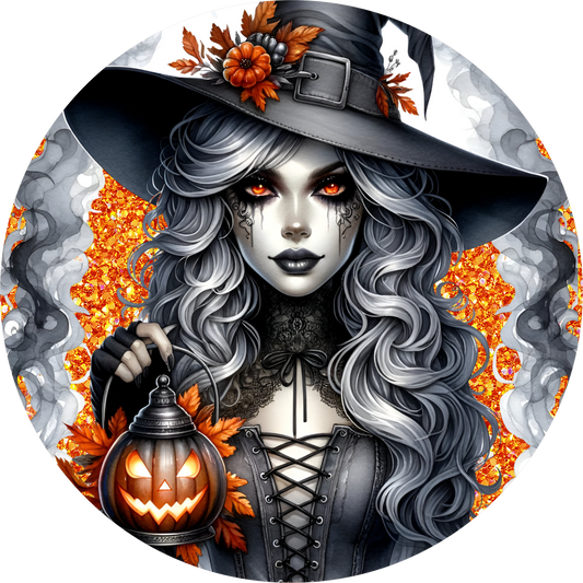 Orange Witch Lantern Round Wreath Sign