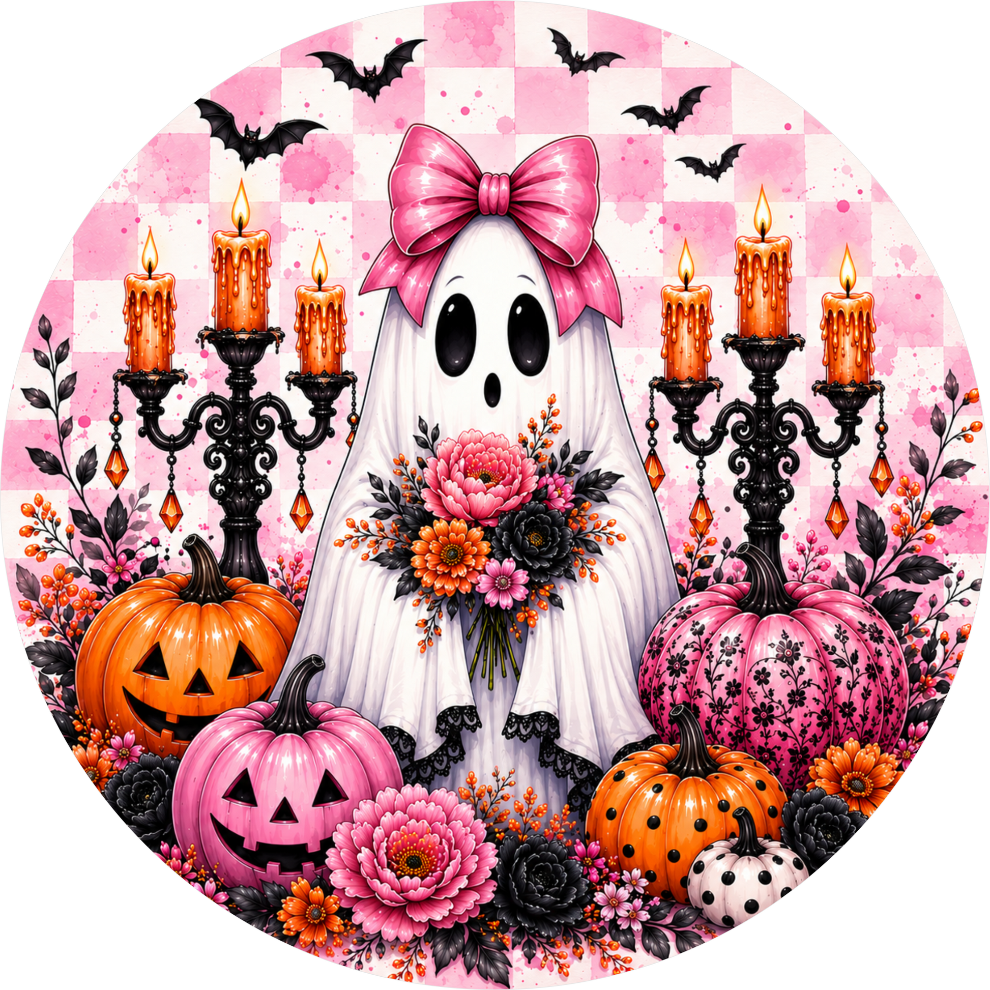 Pink Gothic Ghost Candelabra Pumpkins Round Wreath Sign