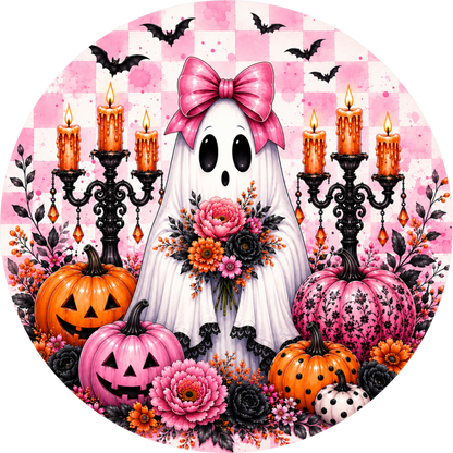 Pink Gothic Ghost Candelabra Pumpkins Round Wreath Sign