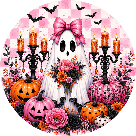Pink Gothic Ghost Candelabra Pumpkins Round Wreath Sign