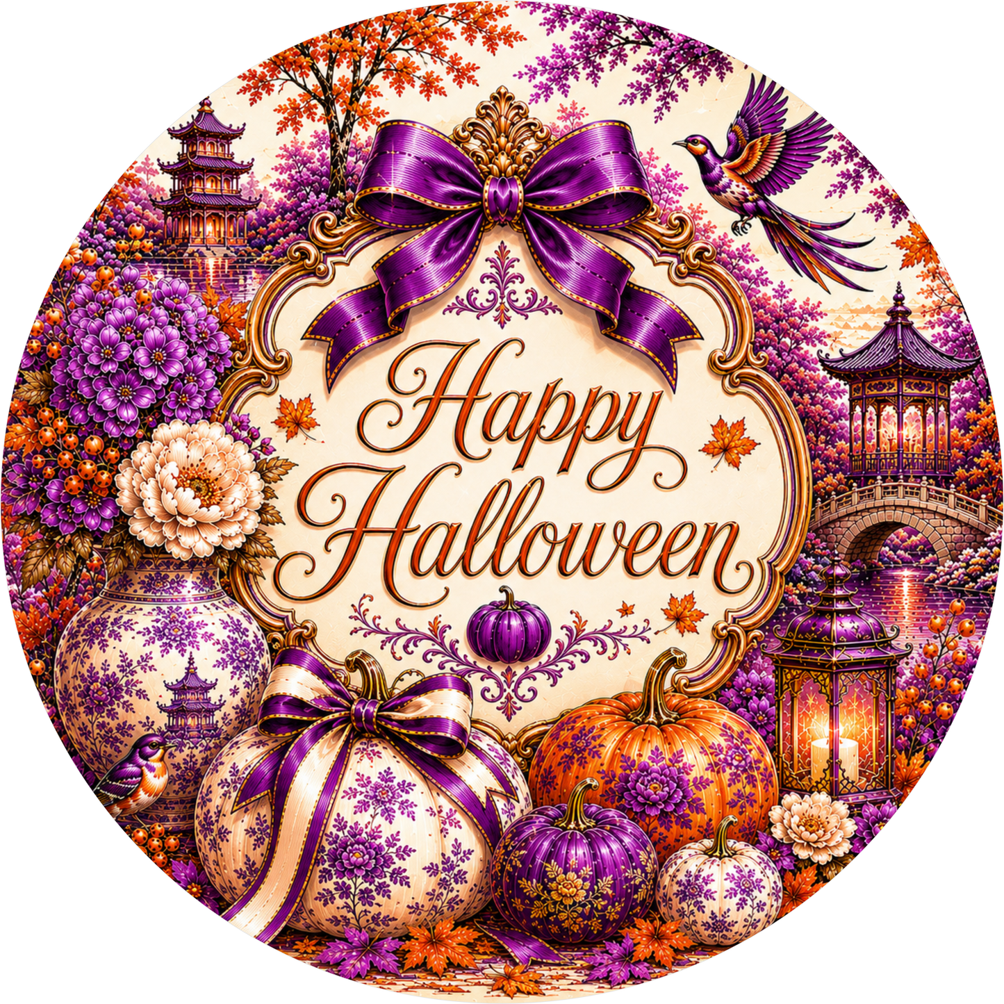 Purple Orange Chinoisserie Pumpkins and Lanterns Round Wreath Sign