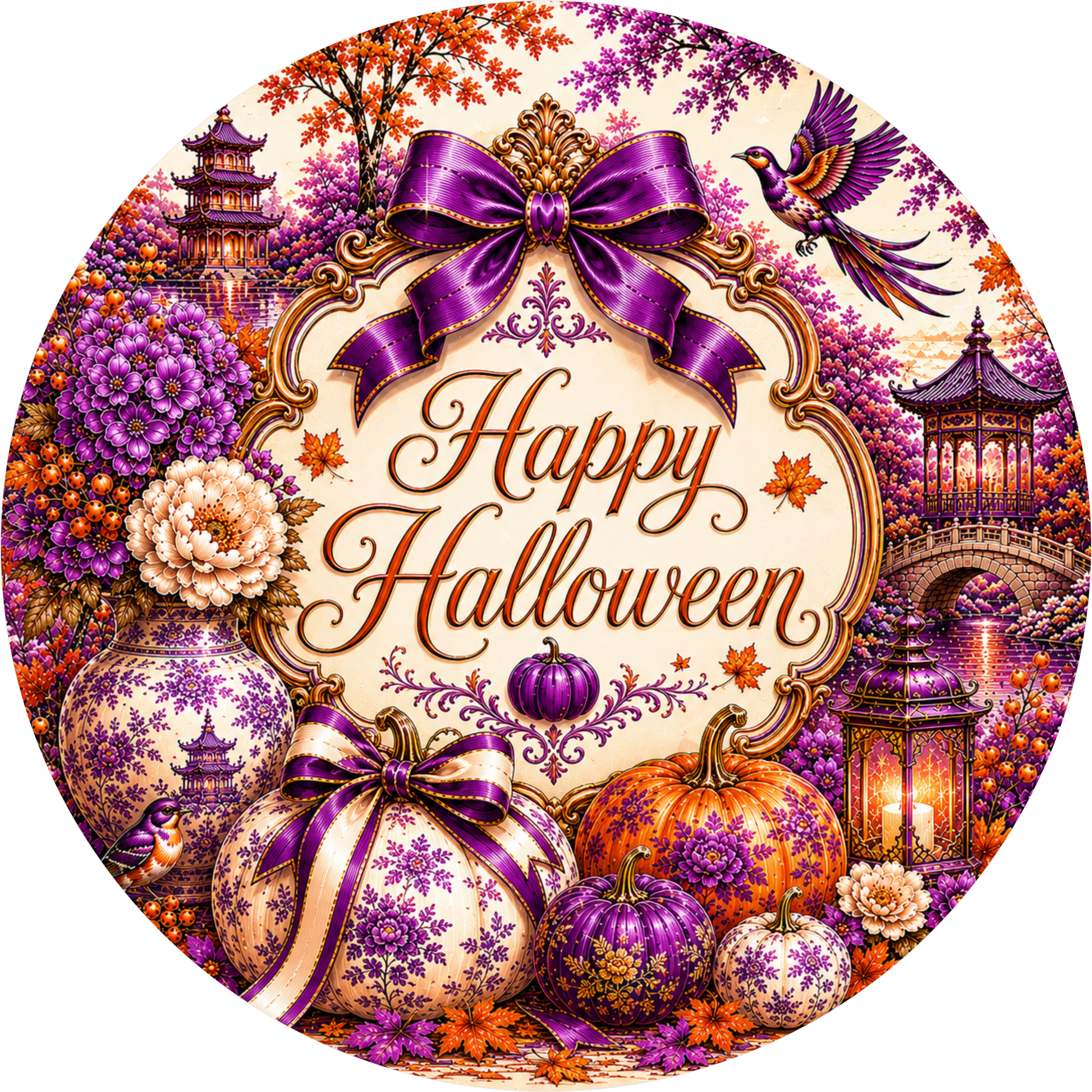 Purple Orange Chinoisserie Pumpkins and Lanterns Round Wreath Sign