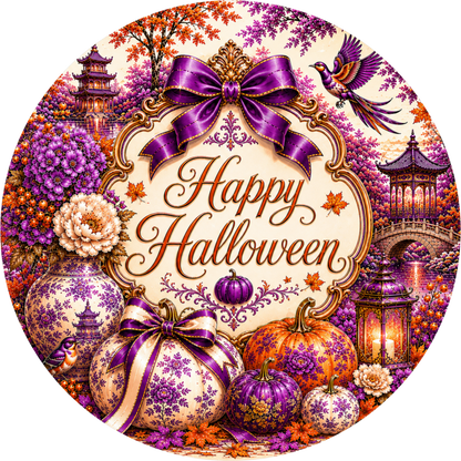 Purple Orange Chinoisserie Pumpkins and Lanterns Round Wreath Sign