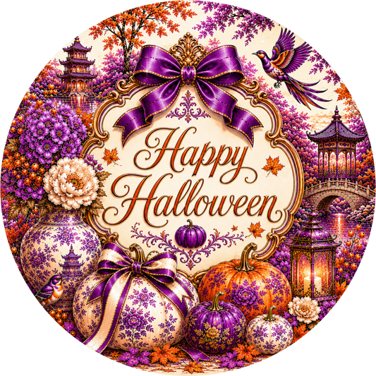 Purple Orange Chinoisserie Pumpkins and Lanterns Round Wreath Sign