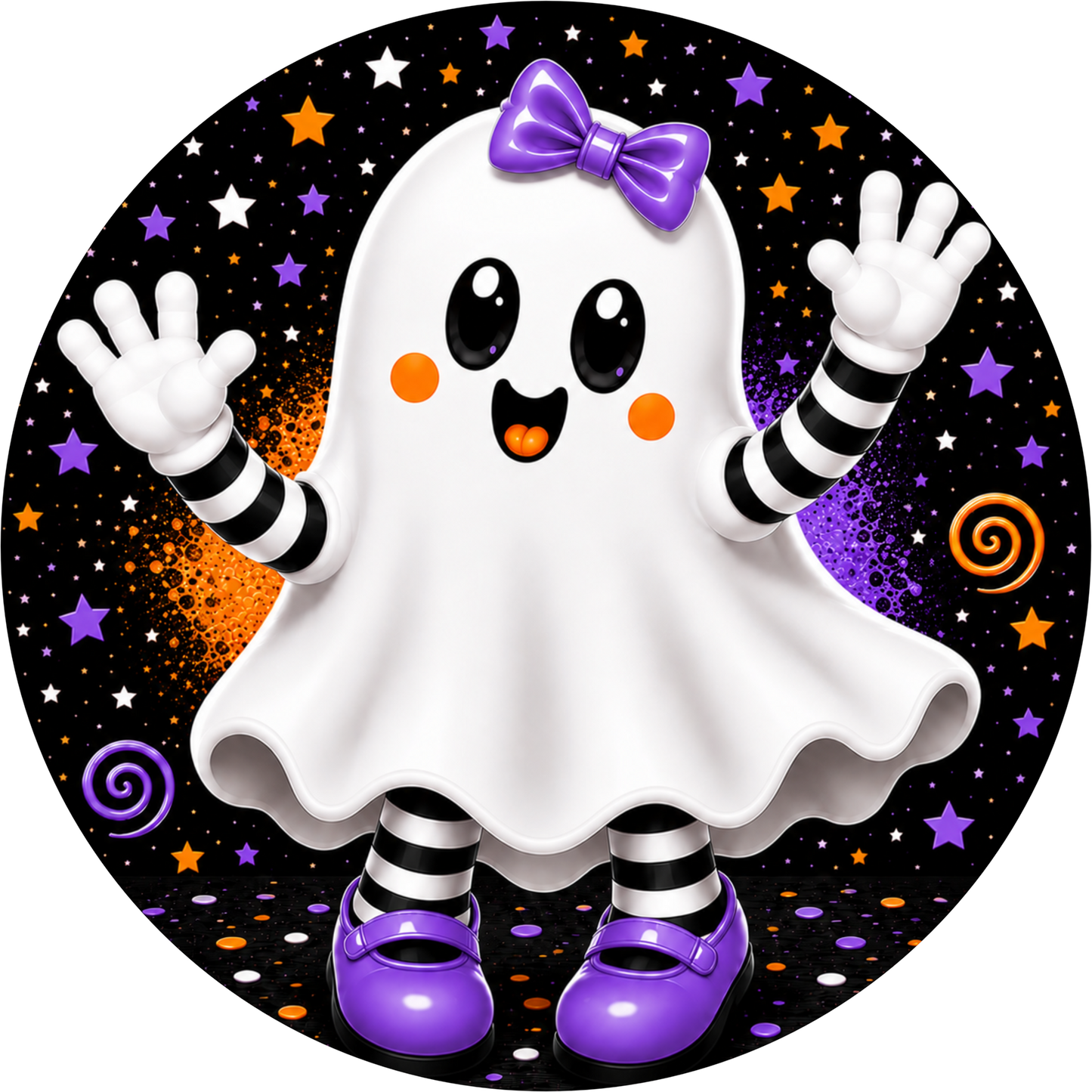 Purple Orange Cute Ghost Girl Purple Bow Striped Socks Stars Round Wreath Sign