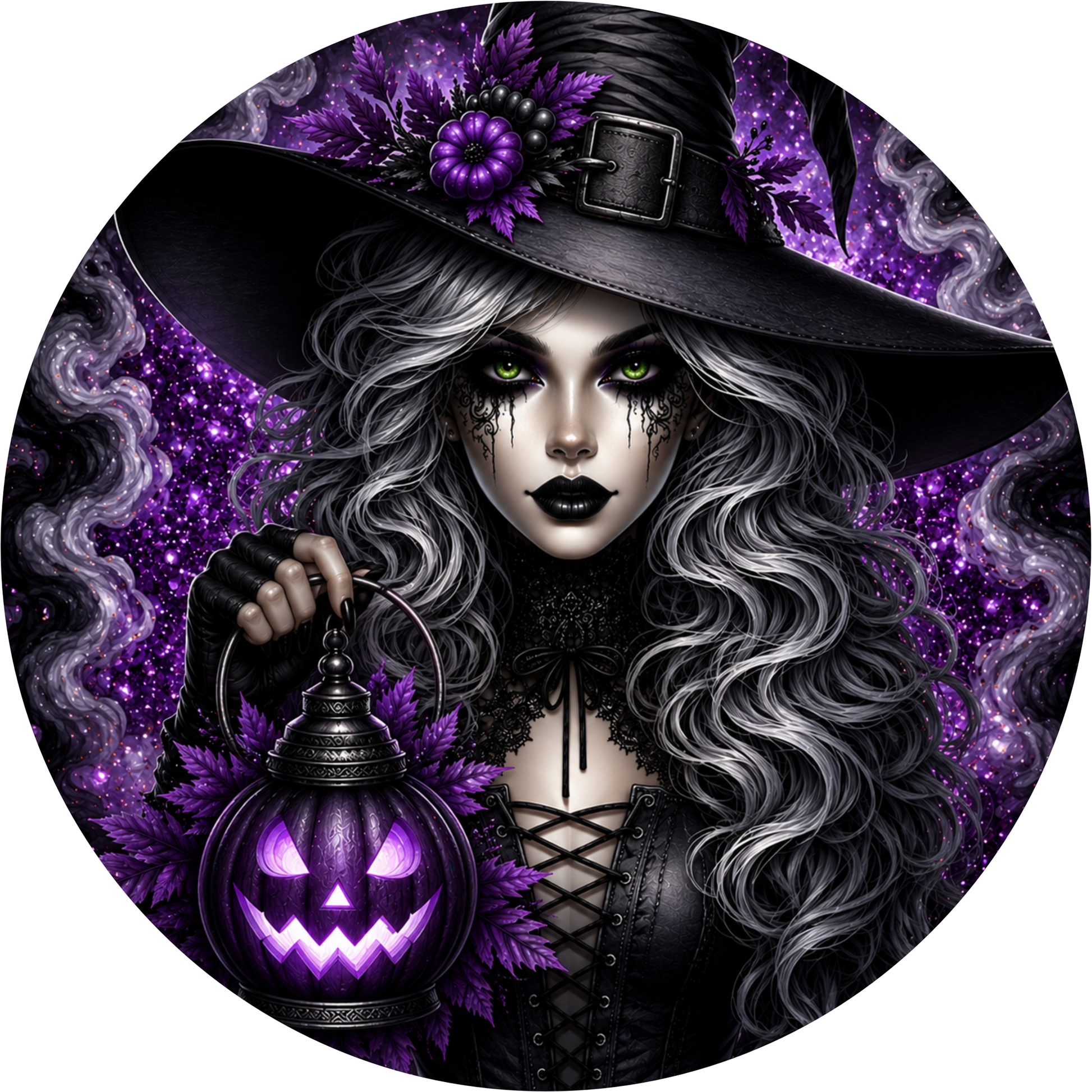 Purple Witch Holding Lantern Round Wreath Sign