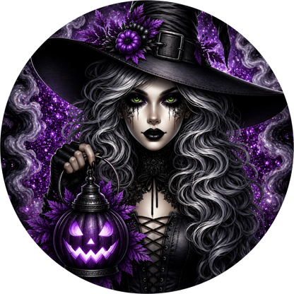 Purple Witch Holding Lantern Round Wreath Sign