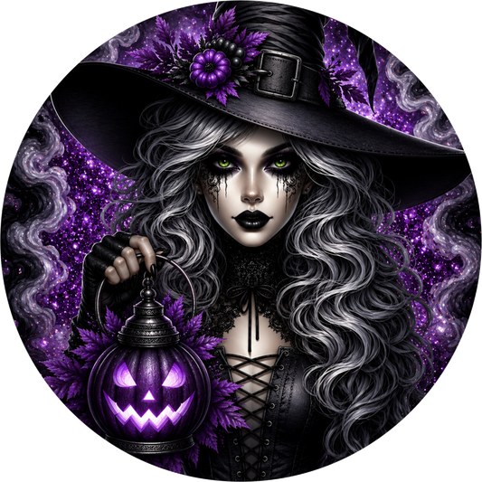 Purple Witch Holding Lantern Round Wreath Sign