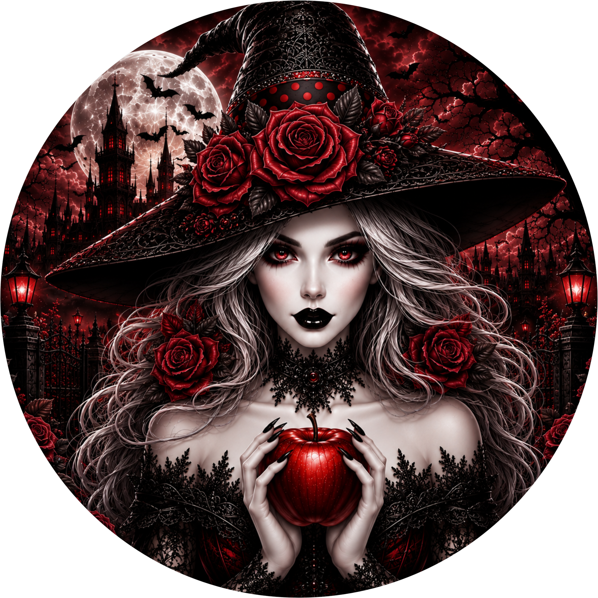 Red Glam Witch Red Apple Round Wreath Sign
