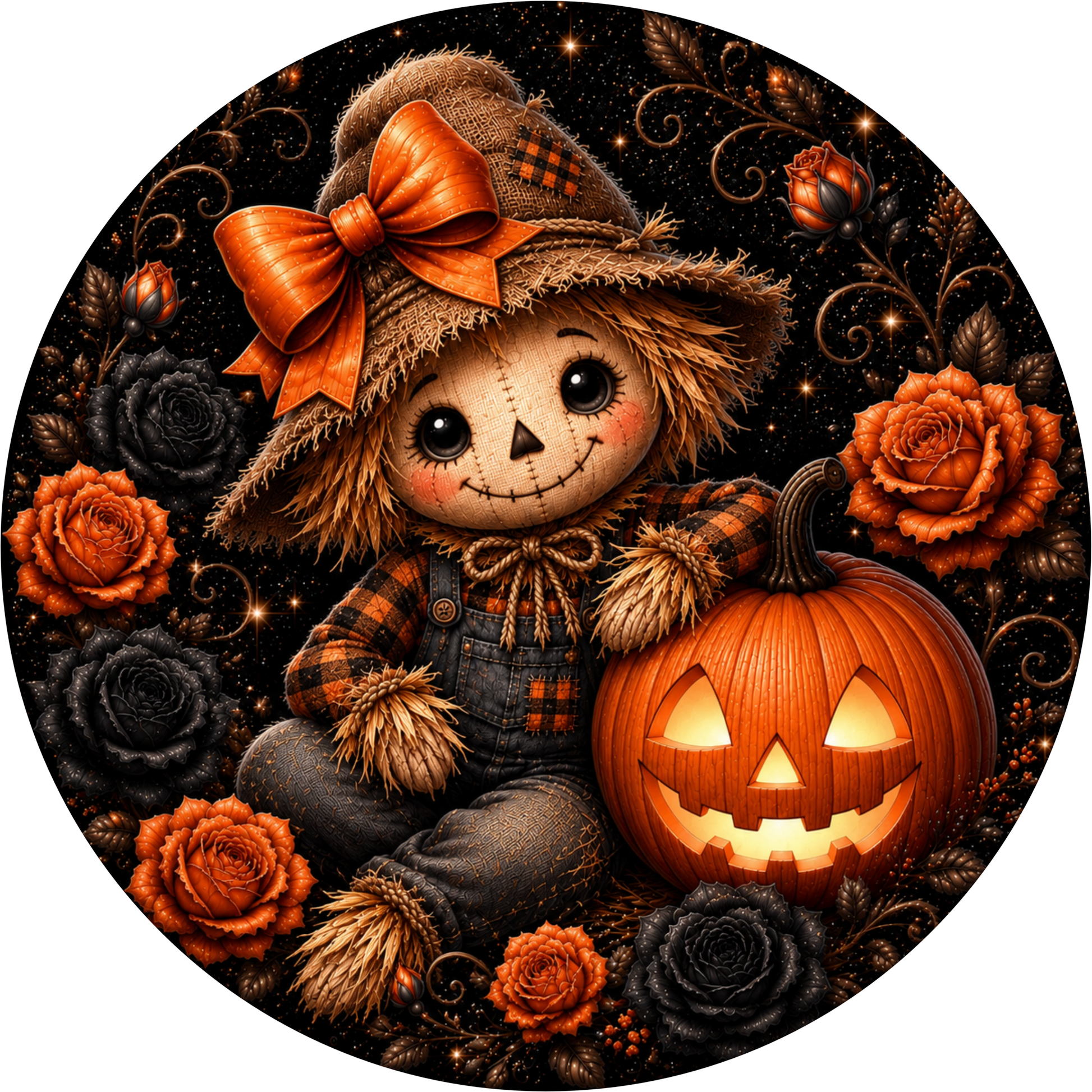 Scarecrow Gal Jack O'Lantern Round Wreath Sign