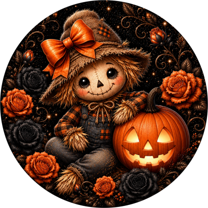 Scarecrow Gal Jack O'Lantern Round Wreath Sign