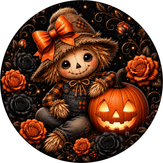 Scarecrow Gal Jack O'Lantern Round Wreath Sign