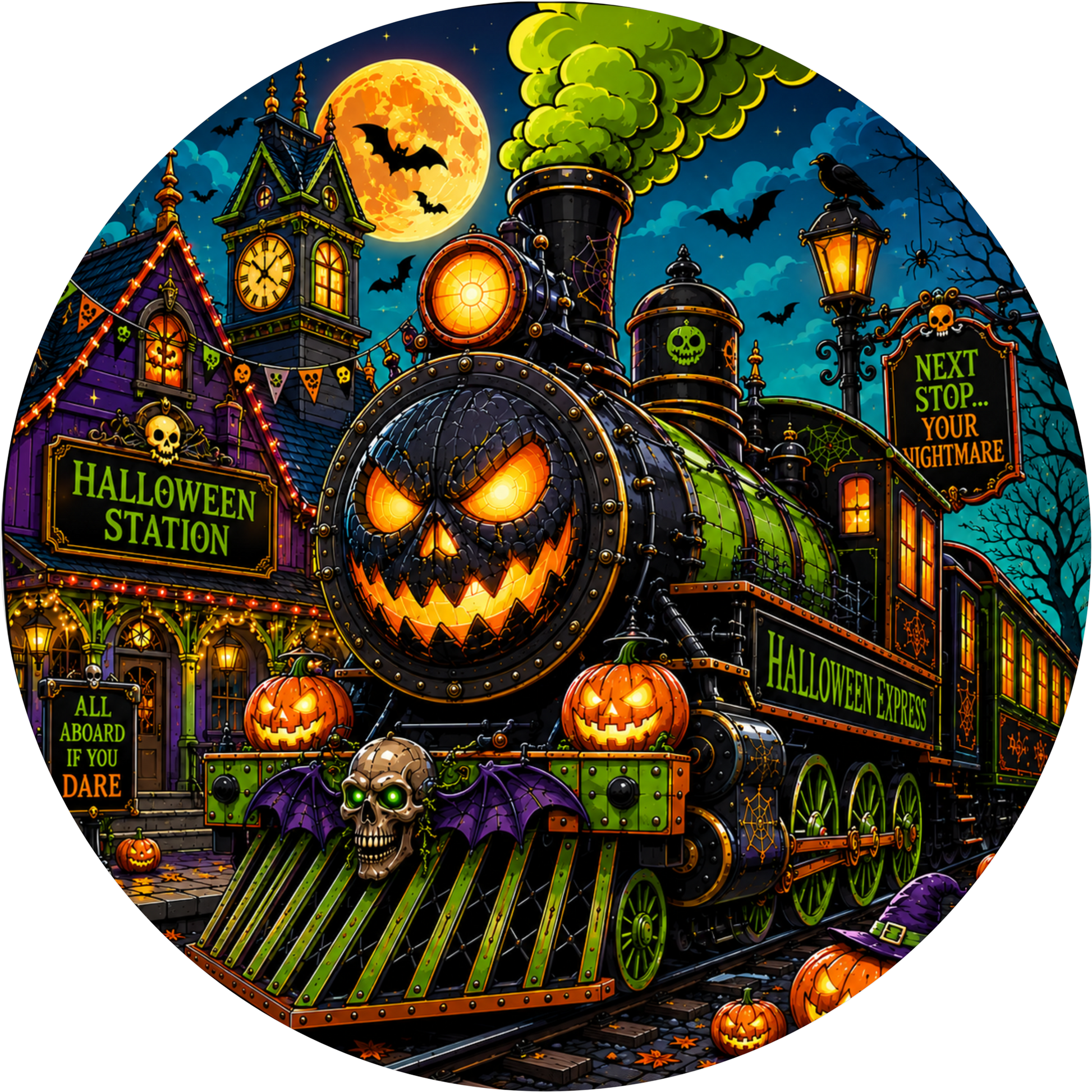 Train in Station Round Wreath Sign