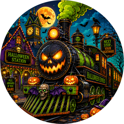 Train in Station Round Wreath Sign