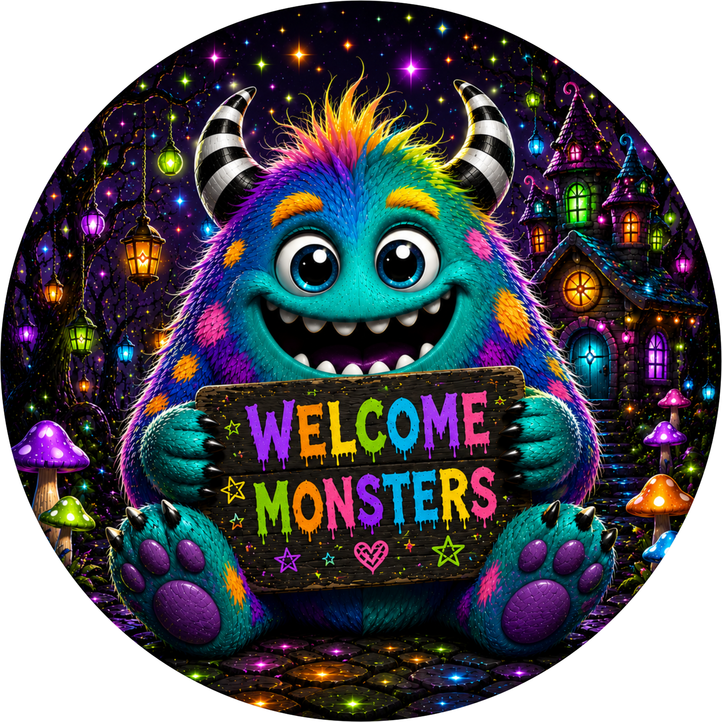 Welcome Monsters Colorful Halloween Round Wreath Sign
