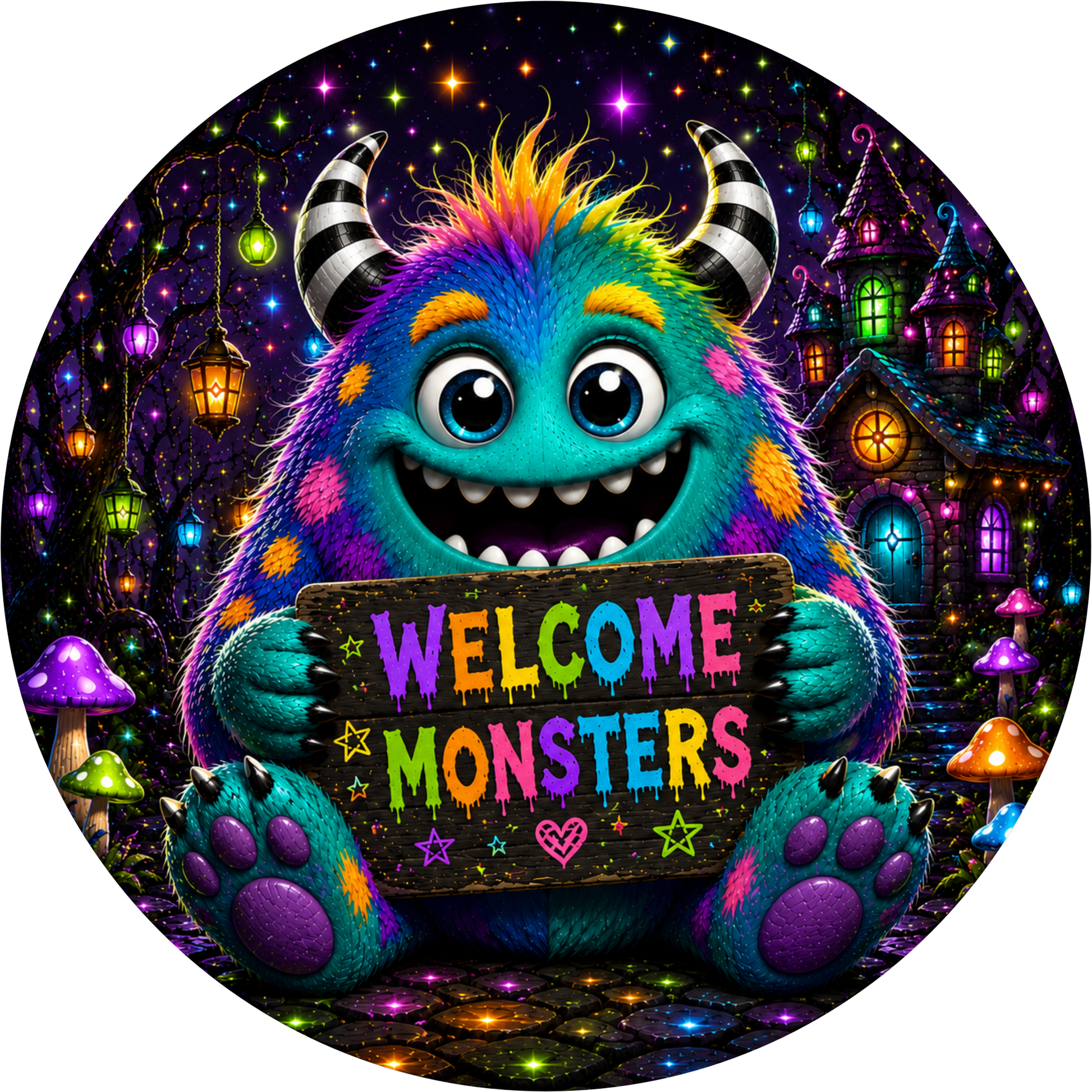Welcome Monsters Colorful Halloween Round Wreath Sign