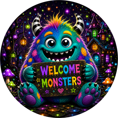 Welcome Monsters Colorful Halloween Round Wreath Sign