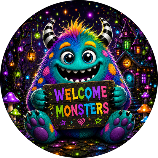 Welcome Monsters Colorful Halloween Round Wreath Sign