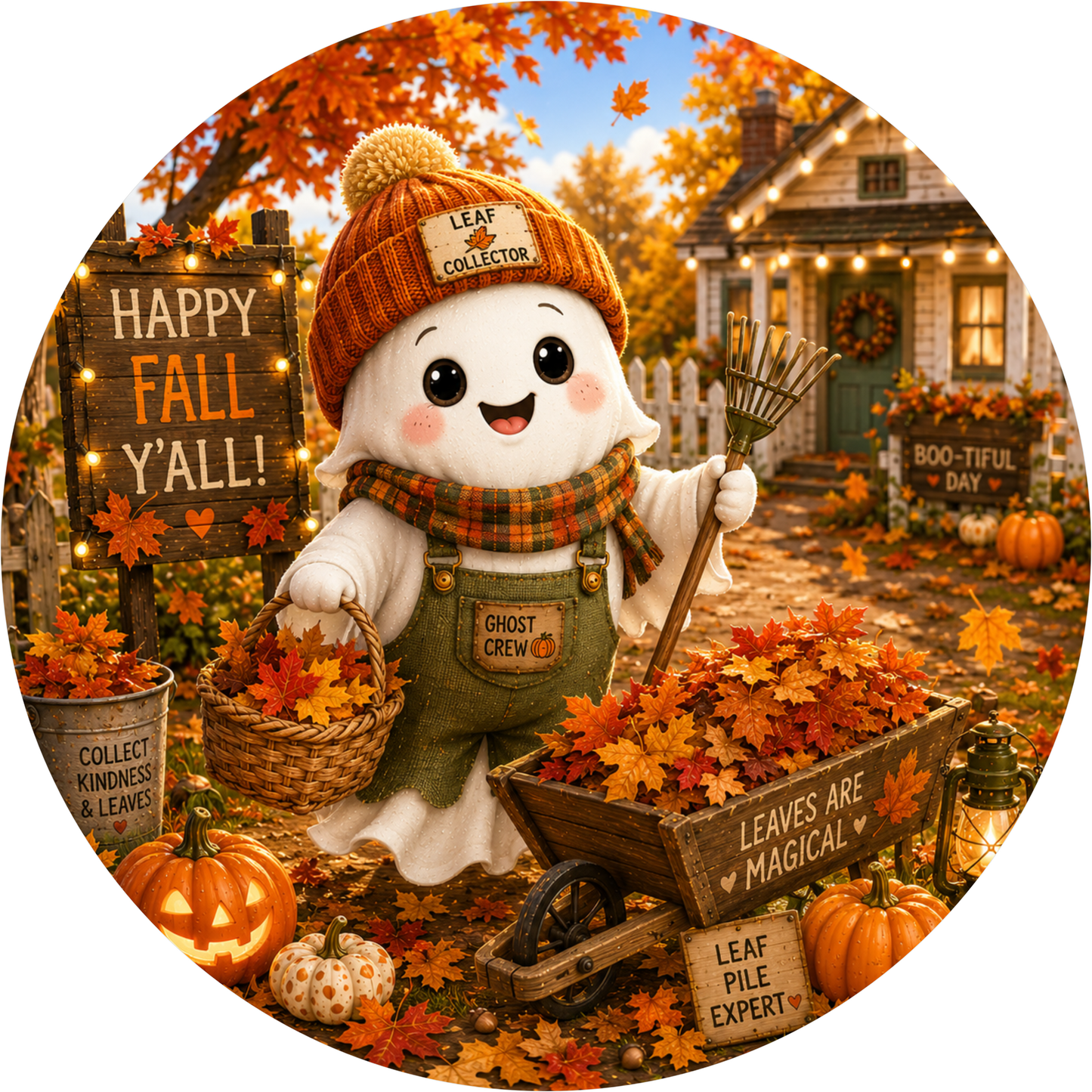 Happy Fall Y'all with Ghost and Farmhouse Market Round Wreath Sign