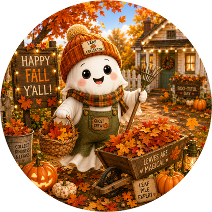 Happy Fall Y'all with Ghost and Farmhouse Market Round Wreath Sign