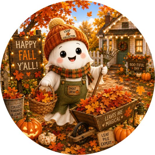 Happy Fall Y'all with Ghost and Farmhouse Market Round Wreath Sign