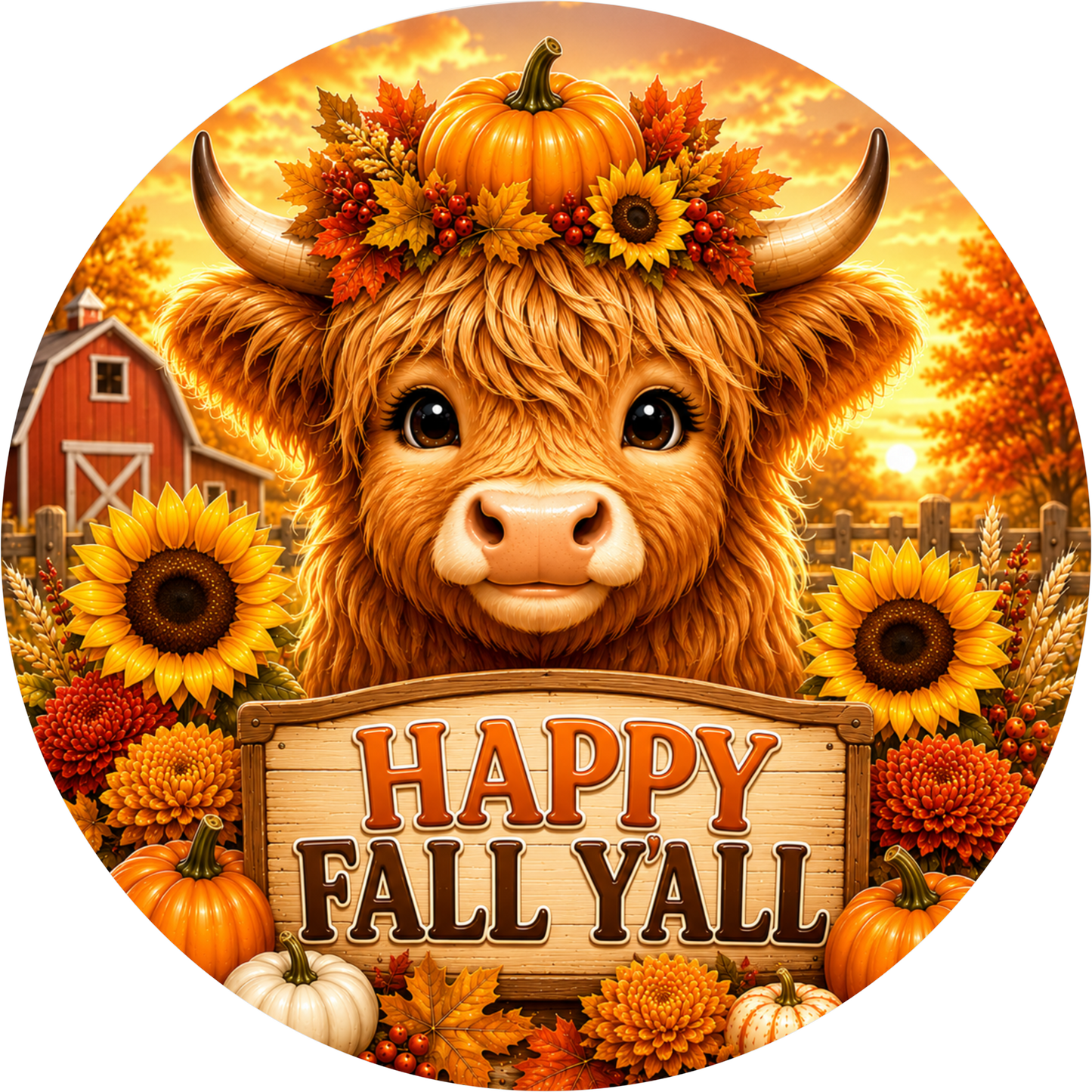 Happy Fall Y'all Highland Cow with Sunflower Round Wreath Sign