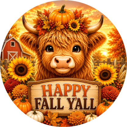Happy Fall Y'all Highland Cow with Sunflower Round Wreath Sign