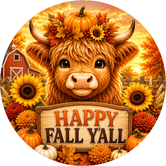 Happy Fall Y'all Highland Cow with Sunflower Round Wreath Sign