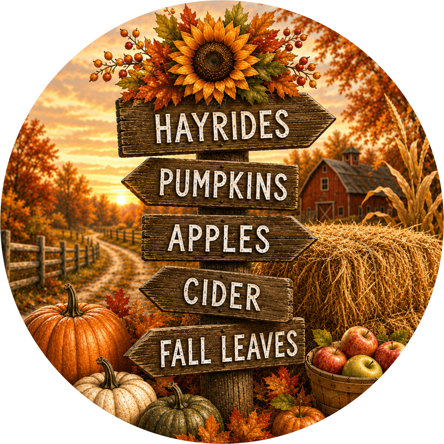 Hayrides Pumpkins Apples and Cider with Fall Leaves Round Wreath Sign