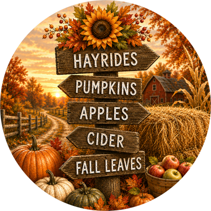 Hayrides Pumpkins Apples and Cider with Fall Leaves Round Wreath Sign