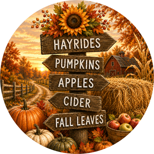Hayrides Pumpkins Apples and Cider with Fall Leaves Round Wreath Sign