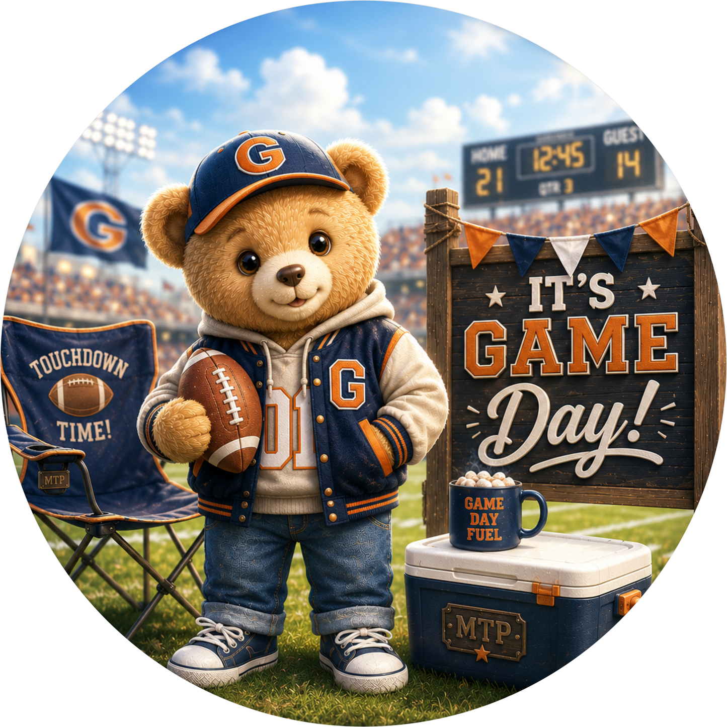 It's Game Day Teddy Bear with Football Round Wreath Sign