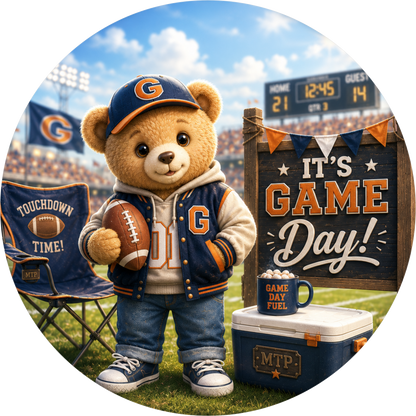 It's Game Day Teddy Bear with Football Round Wreath Sign
