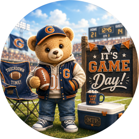 It's Game Day Teddy Bear with Football Round Wreath Sign